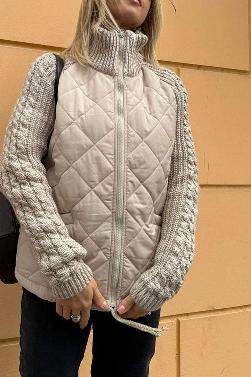 Gemma – Lässige, einfarbige, gestrickte Patchwork-Jacke mit Reißverschluss für Damen