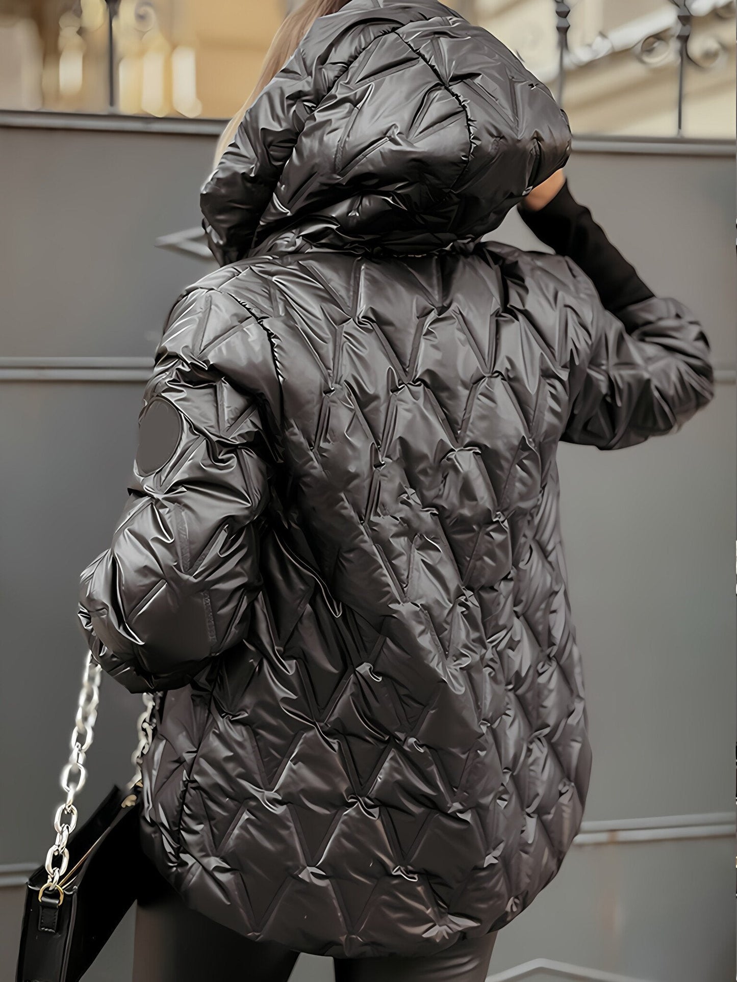 Damen-Jacke mit Kapuze, langärmelig, Herbst und Winter, Diamant-Patchwork, Baumwolle