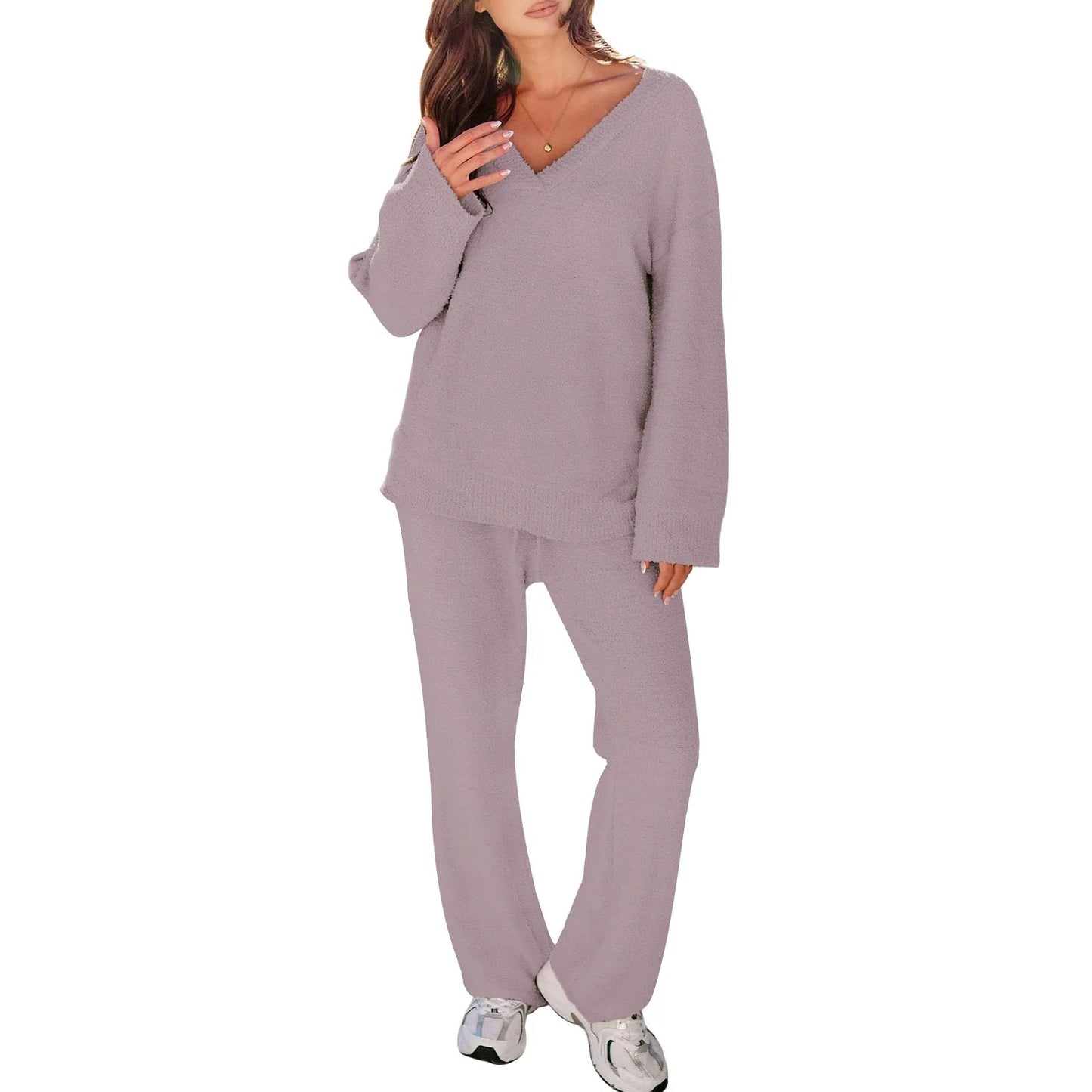 Bianca Damen-Pyjama-Set mit V-Ausschnitt und langen Ärmeln